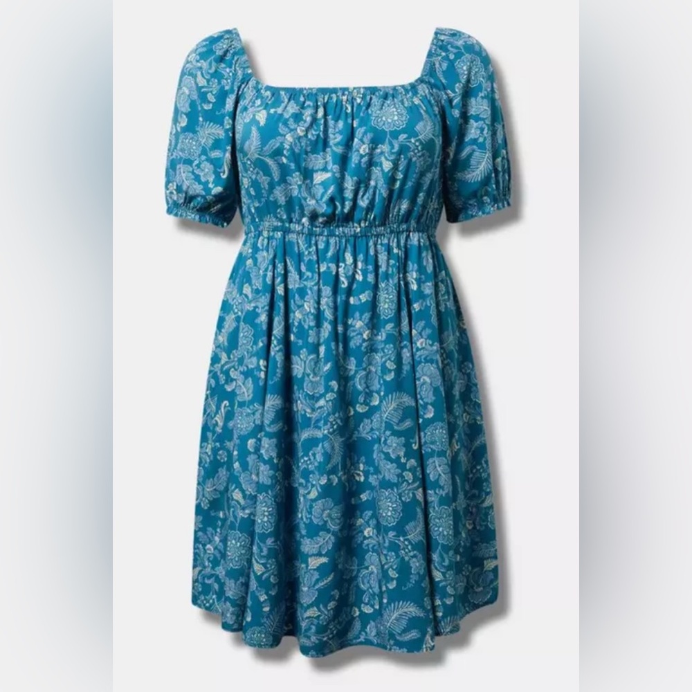 #x158 - Torrid Mini Washable Challis Puff Sleeve Dress Devy Floral Blue Steel